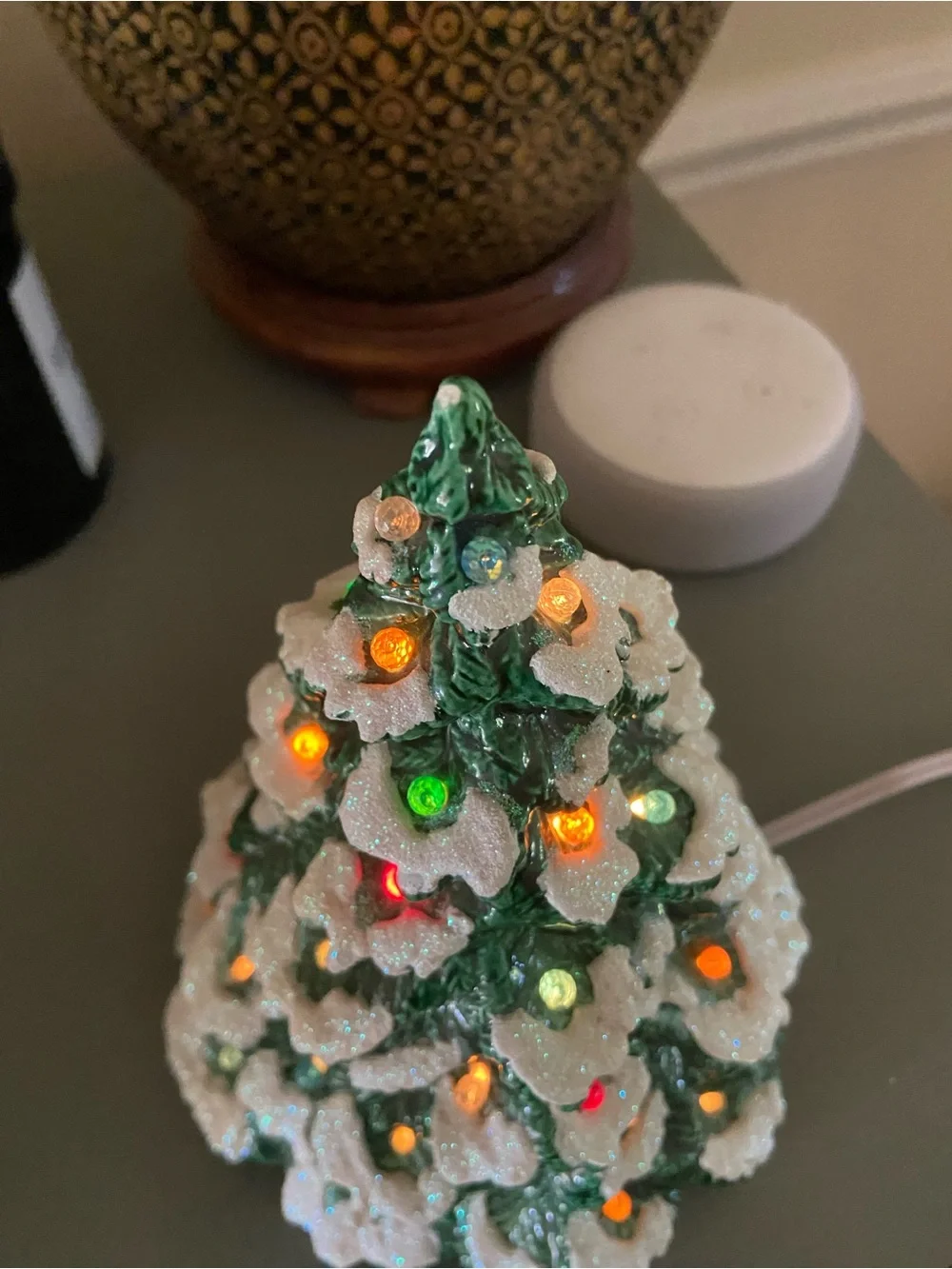 Vintage Hand Painted Flocked Ceramic Christmas Tree- 7 inches